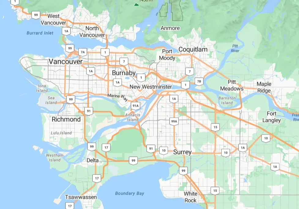 Map of Pro West's HVAC service area across the Lower Mainland