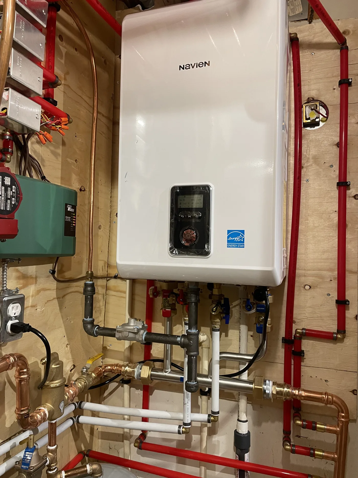 Navien unit tied into a full hydronic manifold